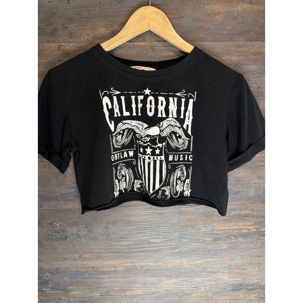 Romwe California Outlaw Music Graphic Crop Top Black Small Short Sleeve Tee